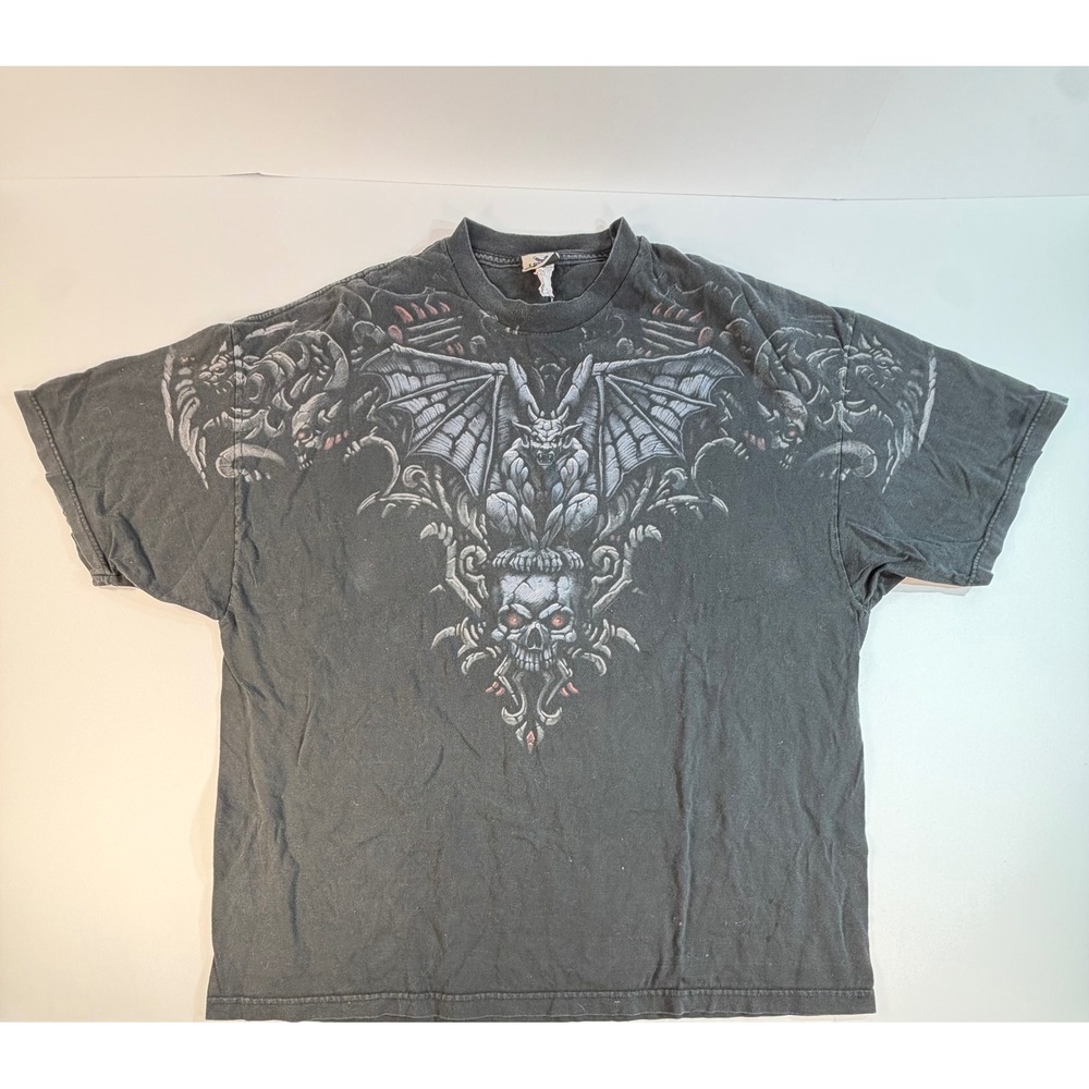 Vintage Liquid Blue Gargoyle Skull All Over Print T-Shirt Black 3XL 90s Gothic